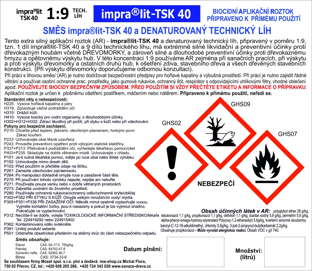 Aplikační roztok impra®lit-TSK 40 a technický líh, balení 20l - poměr 1:6 (CARGO)